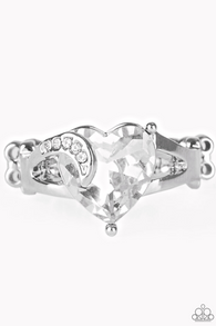 "Romantic Reverie" Silver Metal White Rhinestone Heart with Swirl Elastic Ring