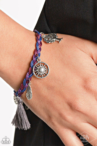 "Outdoor Enthusiast" Red, Purple & Blue Braided Thread Silver Charm Bracelet