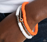 "Eye Have a Dream" Silver Beads with Orange & White Discs Stretch Bracelets Set of 3