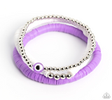 "Eye Have a Dream" Silver Beads with Purple & White Discs Stretch Bracelets Set of 3