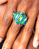 "Iridescently Interstellar" Silver Metal & UV Green Iridescent Gem Elastic Ring