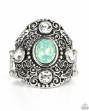 "In The Limelight" Silver Metal & Iridescent Green/White Rhinestone Elastic Back Ring