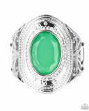 Paparazzi " Calm and Classy " Silver Metal Green Rhinestone Elastic Back Ring