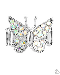 "Bona Fide Butterfly" Silver Metal & Iridescent Rhinestones Butterfly Elastic Ring