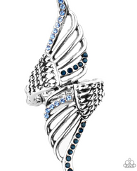 "Angels Among Us" Silver Metal & Blue Rhinestone Angel/Bird/Butterfly Wing Elastic Ring