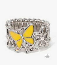 "All Fluttered Up" Silver Metal & Yellow Enameled Butterfly & Flowers Elastic Ring