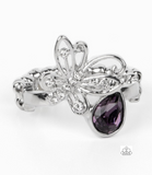 "Flawless Flutter" Silver Metal & Purple Rhinestones Open Butterfly Elastic Ring