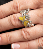 "All Fluttered Up" Silver Metal & Yellow Enameled Butterfly & Flowers Elastic Ring