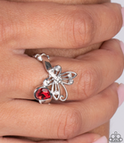 "Flawless Flutter" Silver Metal & Red Rhinestones Open Butterfly Elastic Ring