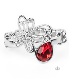 "Flawless Flutter" Silver Metal & Red Rhinestones Open Butterfly Elastic Ring