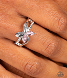 "Fetching Flutter" Dainty Silver Metal & Pink/White Rhinestone Butterfly Elastic Ring