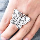 Paparazzi " Sky High Butterfly " Antiqued Silver Metal Large Butterfly Elastic Back Ring