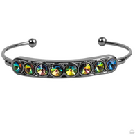 "Vertigo Views" Gunmetal & Round Multi Oil Spill Rhinestones "Bar" Cuff Bracelet