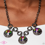 "Hypnotized" Gunmetal & Multi Oil Spill Rhinestones Textured Necklace Set