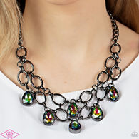 "Show Stopping Shimmer" Gunmetal & Multi Oil Spill Rhinestones Net Necklace Set