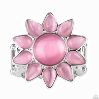 "Blossoming Sunbeams" Silver Metal & Pink Cat's Eye Sun/Flower Elastic Back Ring