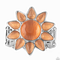 "Blossoming Sunbeams" Silver Metal & Orange Cat's Eye Sun/Flower Elastic Back Ring
