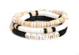 "Matriarchal Melody" Tan, Black and White Discs Featuring "WISH" Stretch Bracelets Set of 3