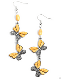 " Spirited Soar " Silver Metal & Yellow Crackle Stone Double Butterfly Dangle Earrings