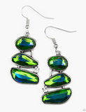 "Gem Galaxy" Silver Metal & Green Opalescent Organic Shaped Rhinestone Triple Drop Earrings