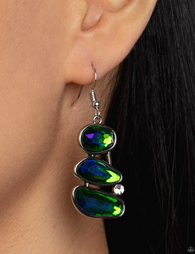 "Gem Galaxy" Silver Metal & Green Opalescent Organic Shaped Rhinestone Triple Drop Earrings