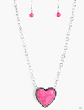 "Authentic Admirer" Silver Metal Chain With Large Pink Crackle Stone Heart Necklace Set