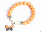 "Bold Butterfly" Silver Metal & Orange/White Crackle Stone Butterfly Charm Stretch Bracelet