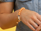 "Bold Butterfly" Silver Metal & Orange/White Crackle Stone Butterfly Charm Stretch Bracelet