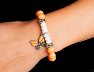 "Bold Butterfly" Silver Metal & Orange/White Crackle Stone Butterfly Charm Stretch Bracelet