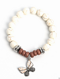 "Bold Butterfly" Silver Metal & Brown/White Crackle Stone Butterfly Charm Stretch Bracelet