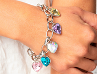 "Candy Heart Charmer" Silver, Multi Pastel Colored Rhinestone Multi Heart Charm Bracelet