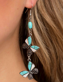 " Spirited Soar " Silver Metal & Blue Crackle Stone Double Butterfly Dangle Earrings