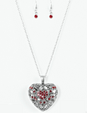 Paparazzi Exclusive "Heartless Heiress" Silver Metal Red Puffy Filigree Heart Necklace Set