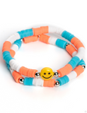 "In Smile" Orange, Blue & White Rubber Discs & Silver Beads Smiley Face Stretch Bracelets Set of 2