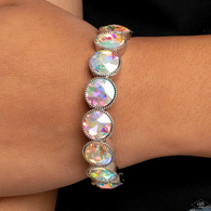 "Number One Knockout" Silver Metal Multi Iridescent Rhinestone Stretch Bracelet