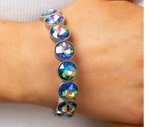 "Number One Knockout" Silver Metal Multi UV Iridescent Rhinestone Stretch Bracelet