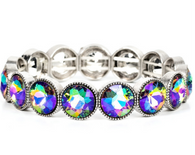 "Number One Knockout" Silver Metal Multi UV Iridescent Rhinestone Stretch Bracelet