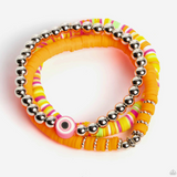 " Sam I Am " Silver Beads, Orange & Multi Color Discs Stretch Bracelets Set of 3