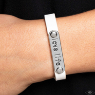 "Love Life" White LEATHER & Silver Bar with "LOVE LIFE" on it Snap Bracelet