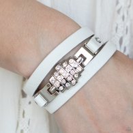 "Ultra Urban" Silver Metal White LEATHER & White Rhinestone Snap Wrap Bracelet