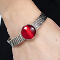 "Mystical Magic" Silver Metal & Round Red Cats Eye Textured Cuff Bracelet