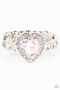 "Romantic Reputation" Silver Metal & Pink Rhinestone Halo Heart Elastic Ring