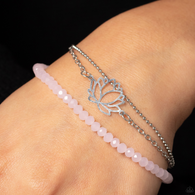 "A Lotus Like This" Silver Metal, Lotus Flower & Pink Crystal Multi Strand Bracelet