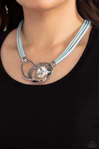 "Californian Cowgirl" Blue Triple Leather Corded Asymmetrical White Rhinestone Necklace Set