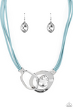 "Californian Cowgirl" Blue Triple Leather Corded Asymmetrical White Rhinestone Necklace Set