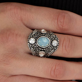 "In the Limelight" Silver Metal & Icy Blue Iridescent Gem Stretch Back Ring