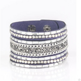 "Rhinestone Rumble" Blue Clear & Hematite LEATHER Snap Band Bracelet