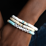 "Matriarchal Melody" Tan, Blue and White Discs Featuring "WISH" Stretch Bracelets Set of 3