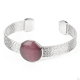 "Mystical Magic" Silver Metal & Round Purple Cats Eye Textured Cuff Bracelet