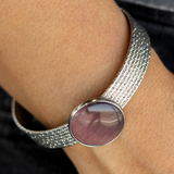 "Mystical Magic" Silver Metal & Round Purple Cats Eye Textured Cuff Bracelet